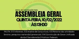EDITAL DE CONVOCAÇÃO DE ASSEMBLEIA GERAL ORDINÁRIA DA ADUFMAT- Ssind, 10/02/22 (quinta-feira), às 13h30