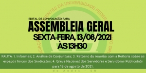 EDITAL DE CONVOCAÇÃO PARA ASSEMBLEIA GERAL ORDINÁRIA DA ADUFMAT- Ssind - 13/08/21 (sexta-feira), às 13h30