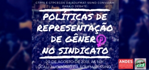 GT’s da Adufmat-Ssind realizam debate sobre Políticas de Representação de Gênero no Sindicato na próxima segunda-feira, 20/08