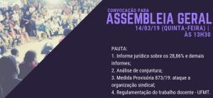 EDITAL DE CONVOCAÇÃO PARA ASSEMBLEIA GERAL ORDINÁRIA DA ADUFMAT- Ssind - 14/03/19, às 13h30