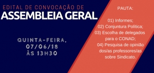 EDITAL DE CONVOCAÇÃO DE ASSEMBLEIA GERAL EXTRAORDINÁRIA DA ADUFMAT- Ssind - 07/06/18, às 13h30