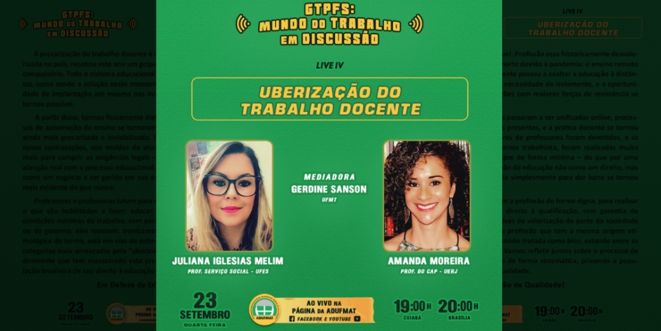 Uberização do Trabalho Docente é o tema da Live do GTPFS dessa quarta-feira, 23/09, às 19h