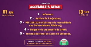 EDITAL DE CONVOCAÇÃO DE ASSEMBLEIA GERAL EXTRAORDINÁRIA DA ADUFMAT- SSIND, 01/06 (quarta-feira), às 13h30