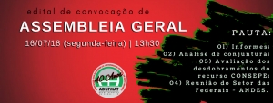 EDITAL DE CONVOCAÇÃO DE  ASSEMBLEIA GERAL ORDINÁRIA DA ADUFMAT- Ssind  - 16/07/18 (segunda-feira), às 13h30