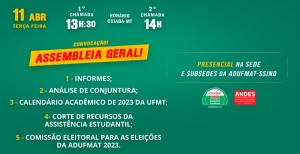 EDITAL DE CONVOCAÇÃO PARA ASSEMBLEIA GERAL ORDINÁRIA DA ADUFMAT- Ssind - 11/04/23 (terça-feira), às 13h30