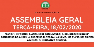EDITAL DE CONVOCAÇÃO PARA ASSEMBLEIA GERAL ORDINÁRIA DA ADUFMAT- SSIND - TERÇA-FEIRA, 18/02/20, ÀS 13H30