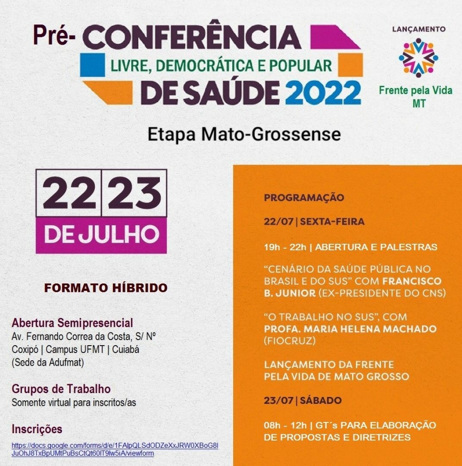 Inscrições abertas para a Pré-conferência Livre, Democrática e Popular de Saúde - 22 e 23/07/22