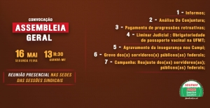 EDITAL DE CONVOCAÇÃO DE ASSEMBLEIA GERAL ORDINÁRIA DA ADUFMAT- SSIND - 16/05/2022, ÀS 13H30 (segunda-feira)