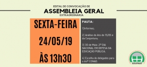 EDITAL DE CONVOCAÇÃO DE ASSEMBLEIA GERAL EXTRAORDINÁRIA DA ADUFMAT- Ssind - 24/05/19 (sexta-feira), às 13h30