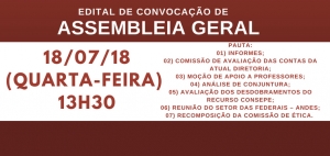 EDITAL DE CONVOCAÇÃO DE ASSEMBLEIA GERAL EXTRAORDINÁRIA DA ADUFMAT- Ssind -18/07/18, ÀS 13H30