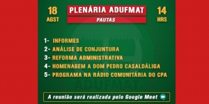 CONVOCAÇÃO PARA PLENÁRIA ONLINE DA ADUFMAT-SSIND - 18/08/2020, ÀS 14H