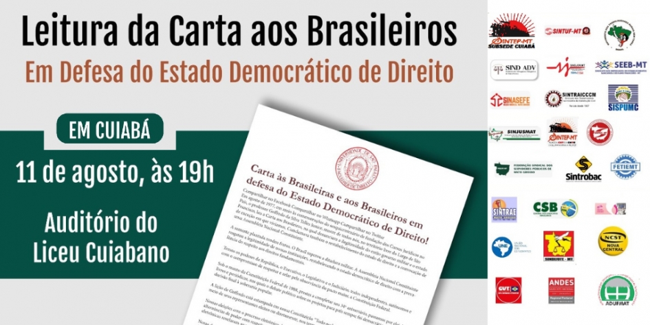 11/08: Adufmat-Ssind convoca para leitura de Carta em Defesa do Estado Democrático de Direito, em Cuiabá, na próxima quinta-feira