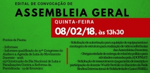 EDITAL DE CONVOCAÇÃO DE ASSEMBLEIA GERAL ORDINÁRIA DA ADUFMAT- Ssind - 08/02/18 (quinta-feira)