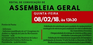 EDITAL DE CONVOCAÇÃO DE ASSEMBLEIA GERAL ORDINÁRIA DA ADUFMAT- Ssind - 08/02/18 (quinta-feira)