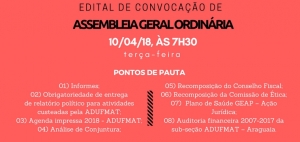 EDITAL DE CONVOCAÇÃO PARA ASSEMBLEIA GERAL ORDINÁRIA DA ADUFMAT- Ssind - 10/04/18 (terça-feira)