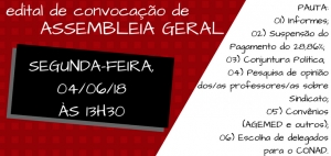 EDITAL DE CONVOCAÇÃO de ASSEMBLEIA GERAL EXTRAORDINÁRIA DA ADUFMAT- Ssind - 04/06/18, às 13h30