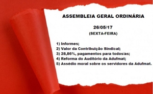 EDITAL DE CONVOCAÇÃO ASSEMBLEIA GERAL ORDINÁRIA DA ADUFMAT- SSIND - 26/05/17